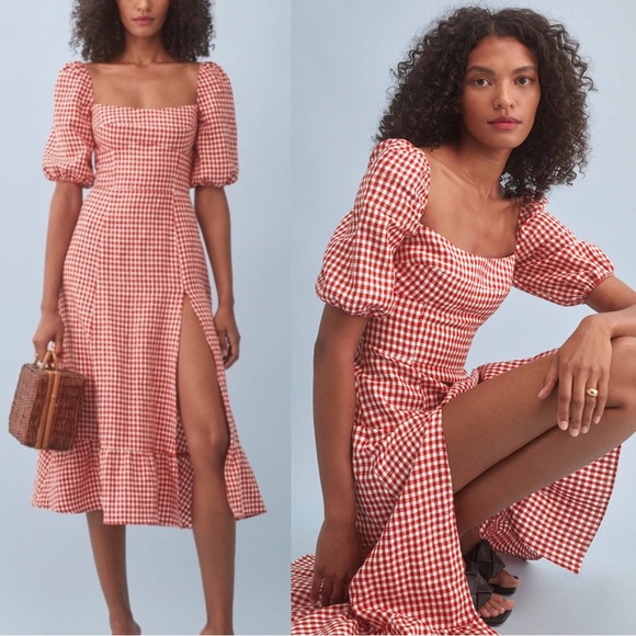 Reformation Dresses & Skirts - REFORMATION Red Gingham Check Puff Sleeve Cottagecore Linen Belgium Midi Dress